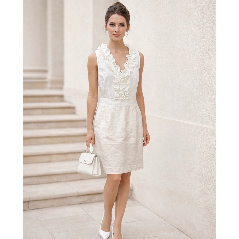 Quiet Luxury Sheath Dress Eyelet Ruffle Linen Gold Fleck LOFT Ann Taylor 8
